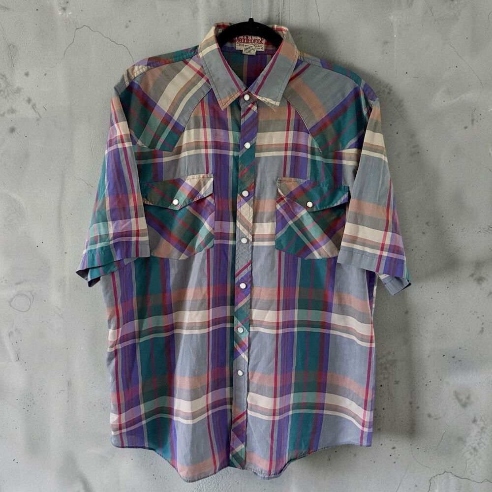 Vintage Saddlebrook Shirt Mens XL Plaid Western Pearl Snap Short Sleeve Rancher